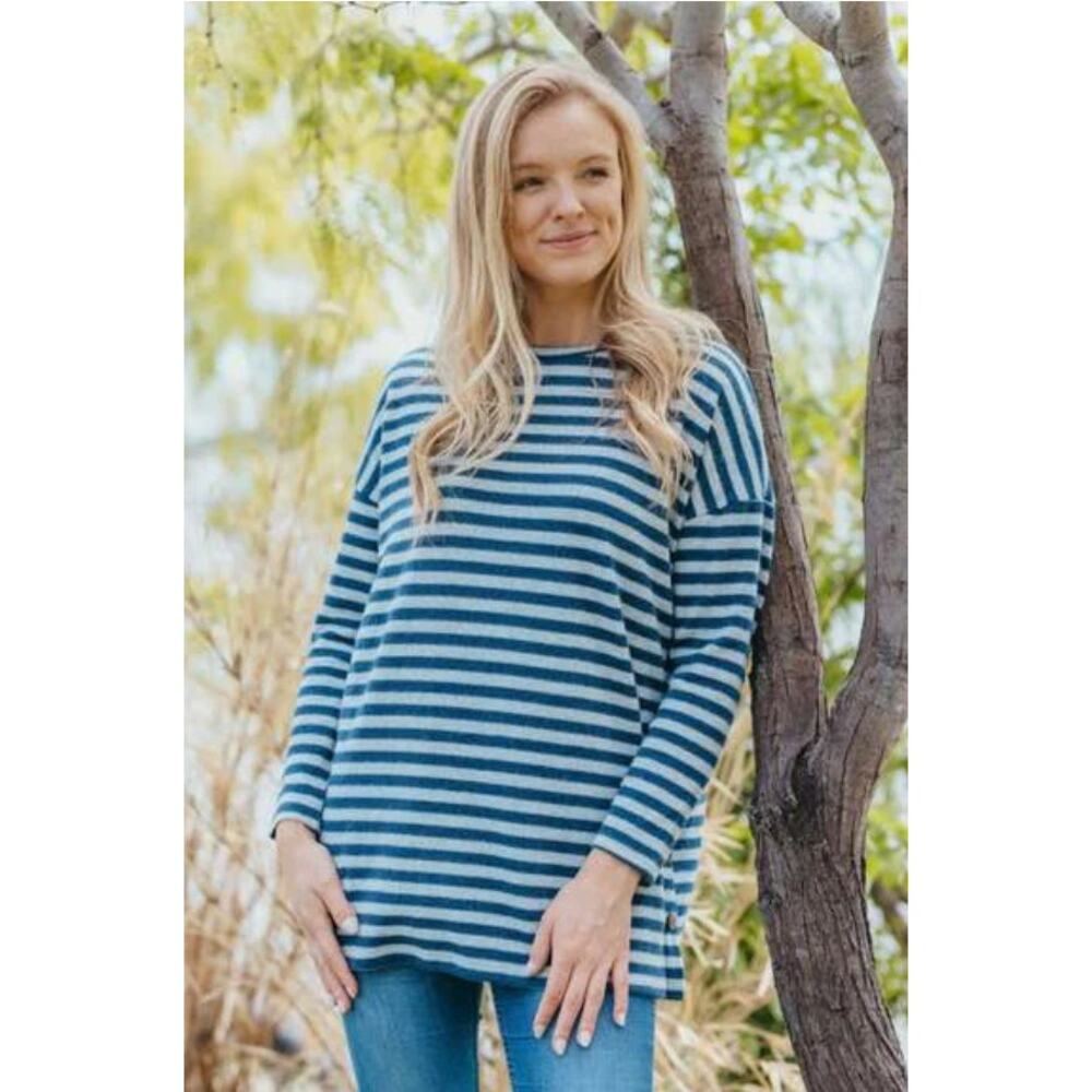 Simply Southern Striped Tunic Sweater Navy Gray Soft Women's Small